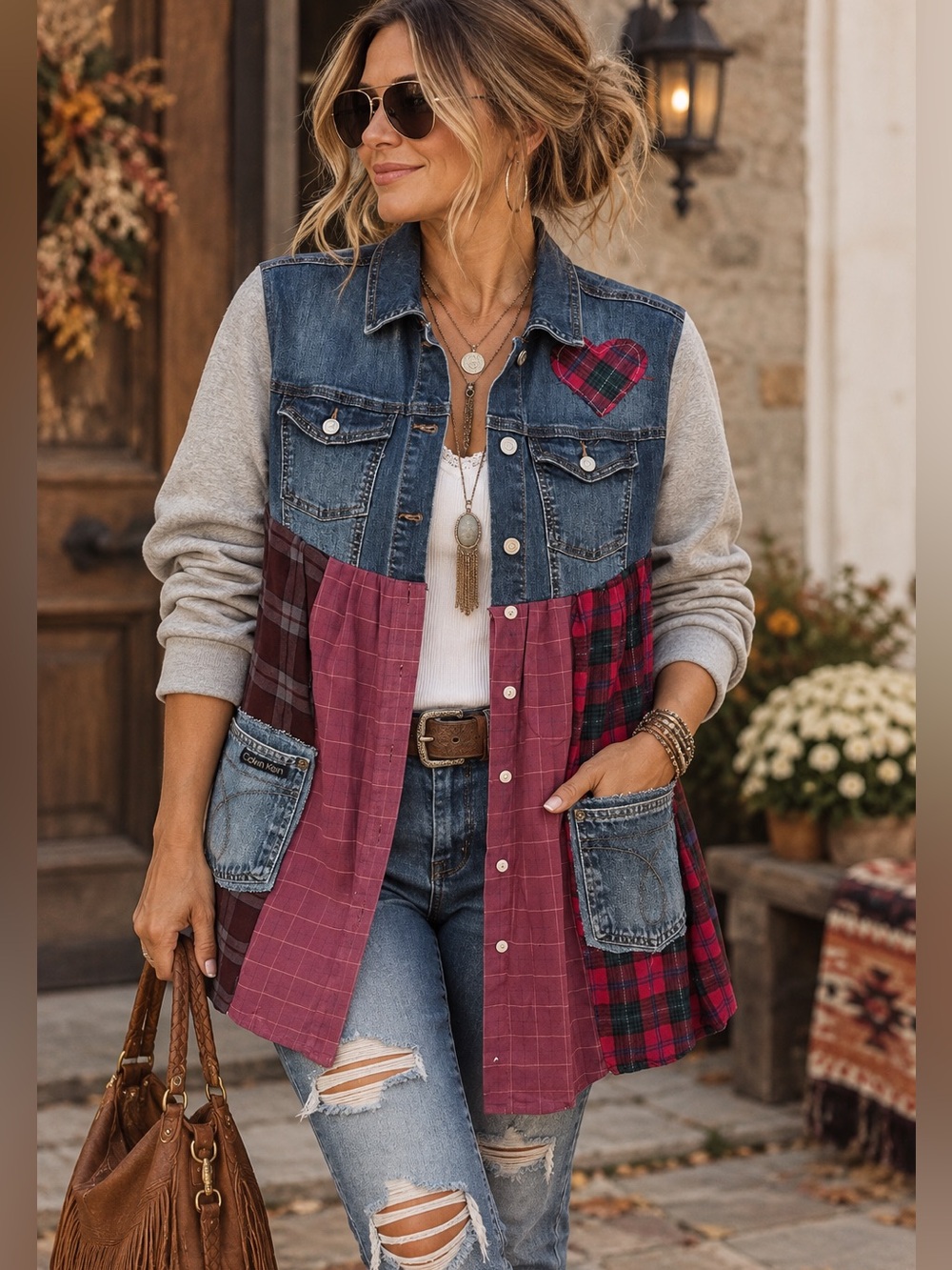 Handmade Upcycled Patchwork Denim Jacket Size L Boho Western Tartan Plaid